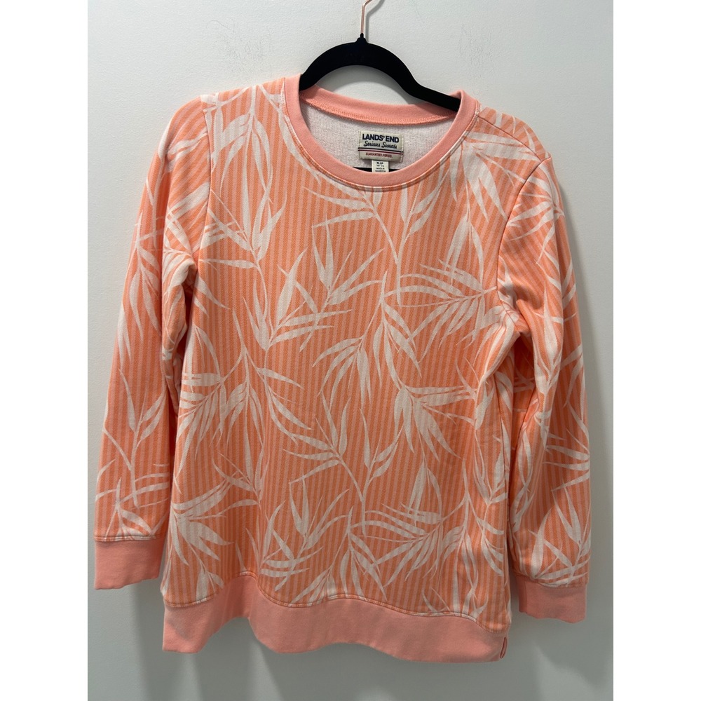 Lands End Serious Sweats Coral Tropical Leaf Sweatshirt Womens Medium 10-12